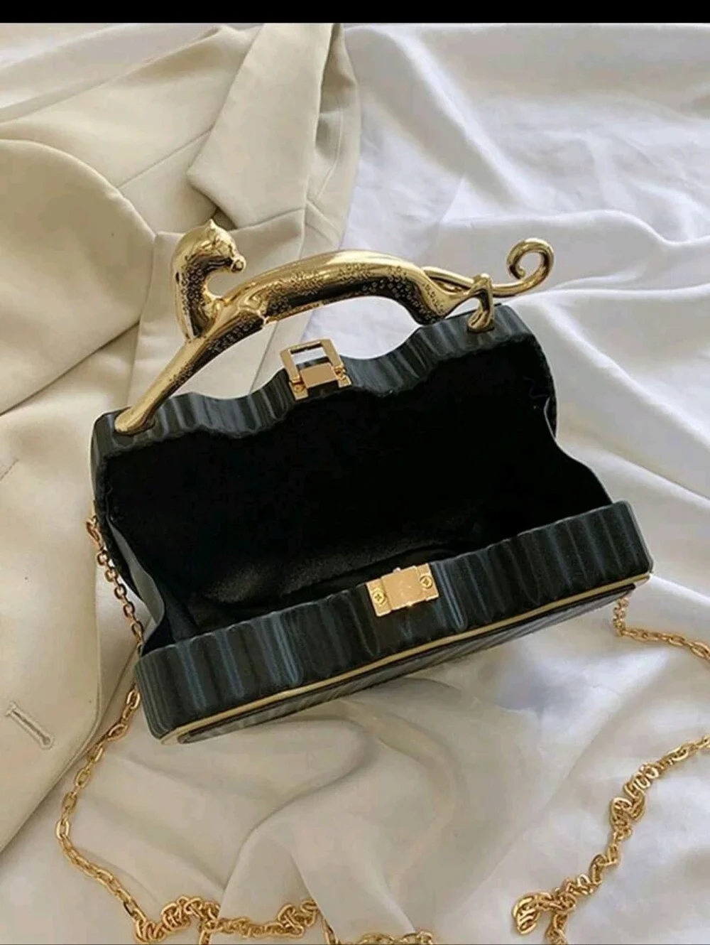 Black Heart-Shape Evening Clutch with Gold Panther Handle